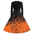 thumbnail image 6 of Women's Vintage Halloween Bat Print Swing Dress Long Sleeve 1950s Retro A-Line Midi Dresses with Satin Sash Belt for Gothic Cosplay Evening Prom Party, 6 of 6