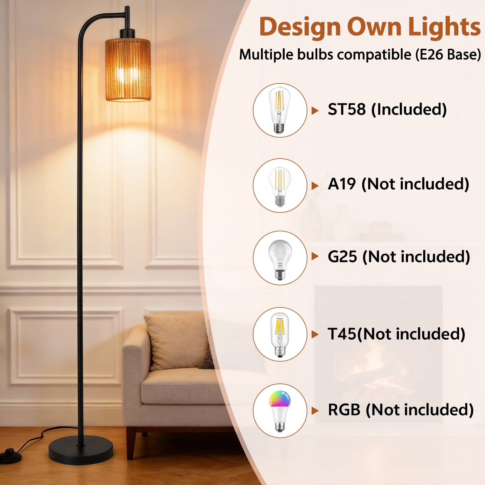 66" Rattan Floor Lamps for Living Room with Remote Control 3 Color Temperature Dimmable Boho Standing Lamp Tall Pole Lamps for Bedroom, Office,Black,Bulb Included