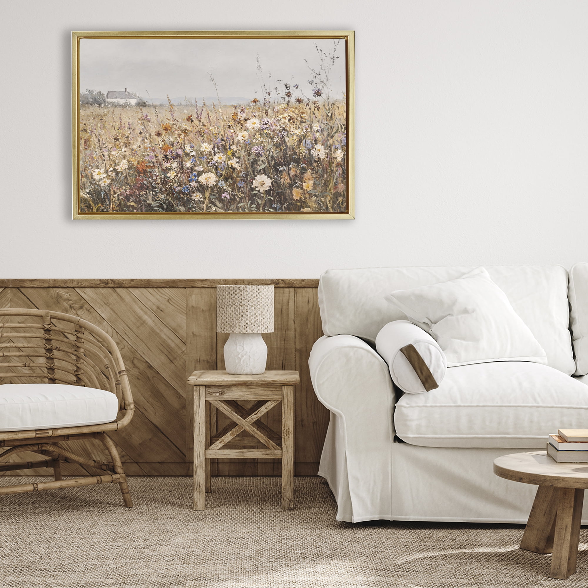 Stupell Industries Quaint Cottage Meadow Gold Framed Floater Canvas Wall Art, design by Jacky Ngan