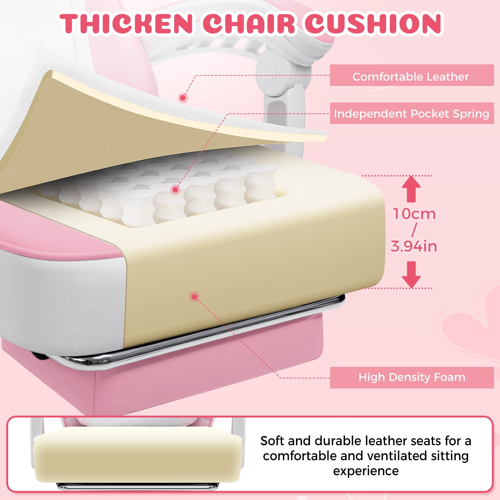 HOFFREE Gaming Chair for Girls with Cat Ears and Cloud Massage Lumbar Cute Computer Chair with Footrest Comfortable Reclining Game Chairs for Adults Teens Women Pink and White