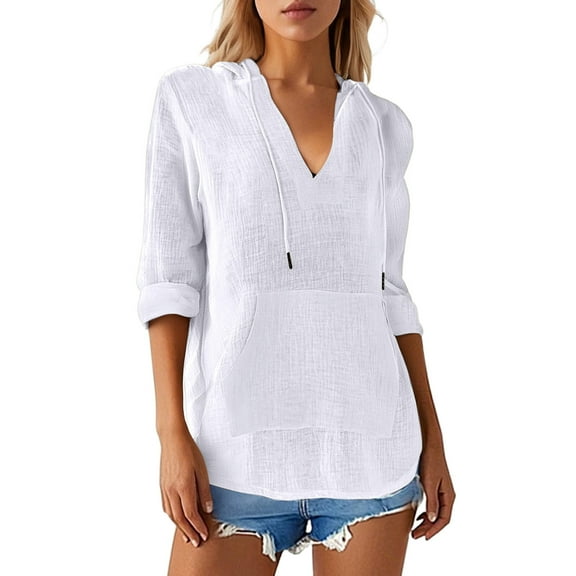 Fiaer,Deep V Neck Drawstring Hoodies for Women,Womens Plus Size Long Sleeve Hooded Sweatshirts,Ladies Loose Fit Casual Lightweight Tops White XL