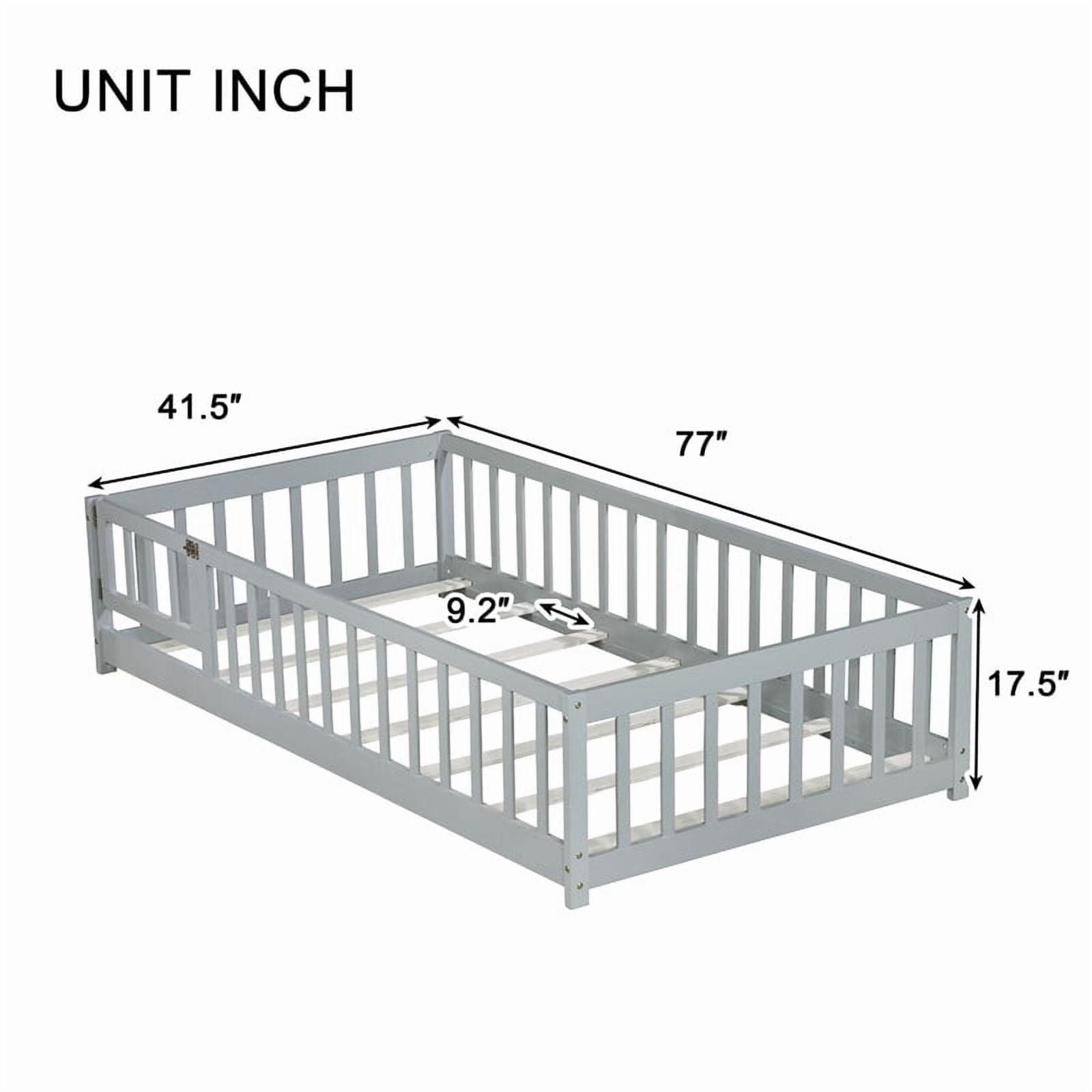 Bellemave Twin Size Floor Beds with Door, Wood Montessori Bed with Fence Railings & Support Slats, No Box Spring Needed (Gray)