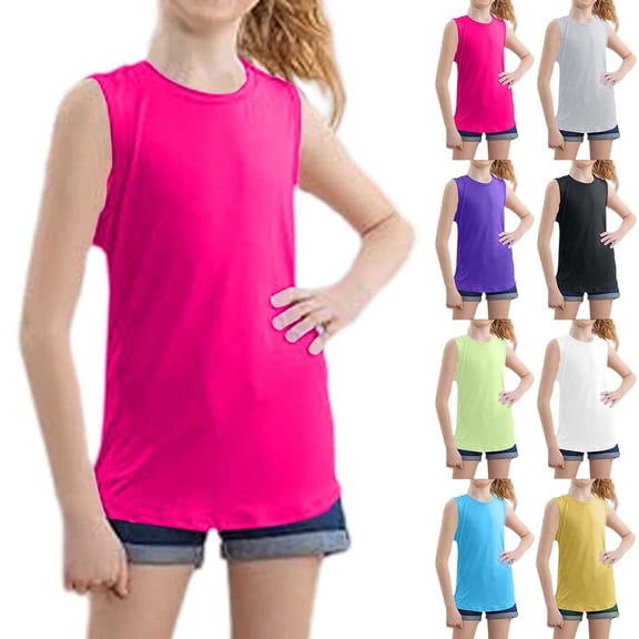 Gunia Solid Color Athletic T Shirts For Girl'S Size 3-4 Years Sleeveless Crew Neck Black Tank Tops Teen Girls Summer Breathable T-Shirts