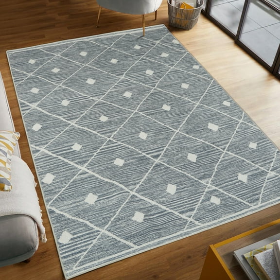 Washable Skid-Resistant Area Rug Geometric Blue/Grey 5' x 7'