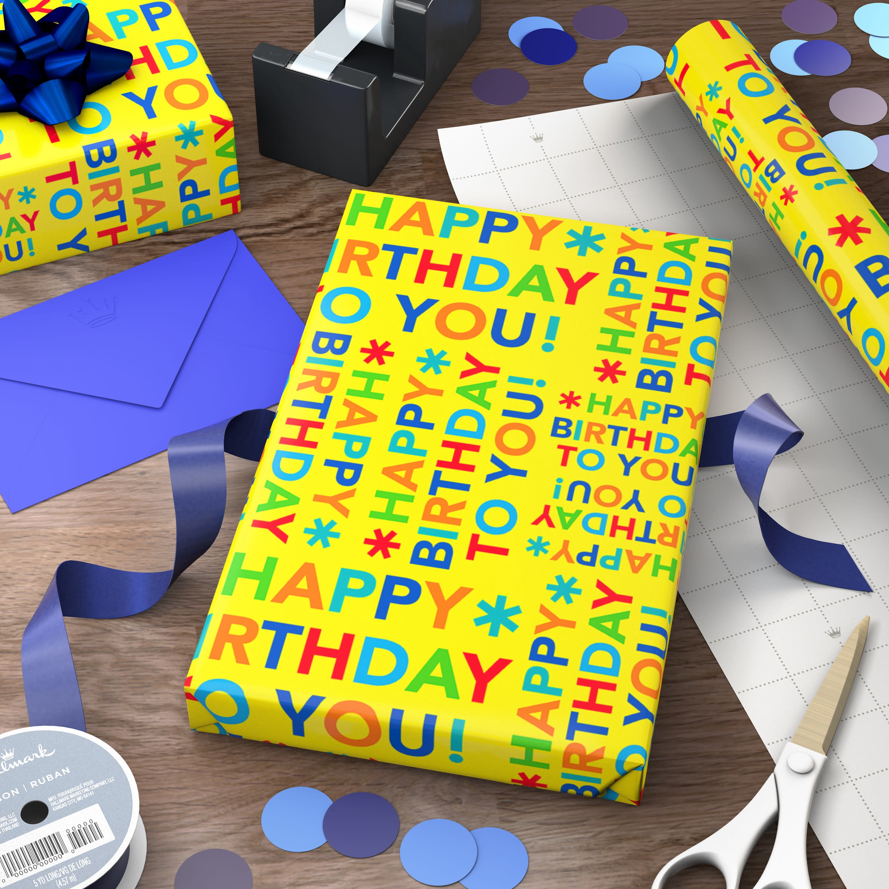 Hallmark Birthday Wrapping Paper Roll (Bold Lettering on Yellow) 20 sq. ft.