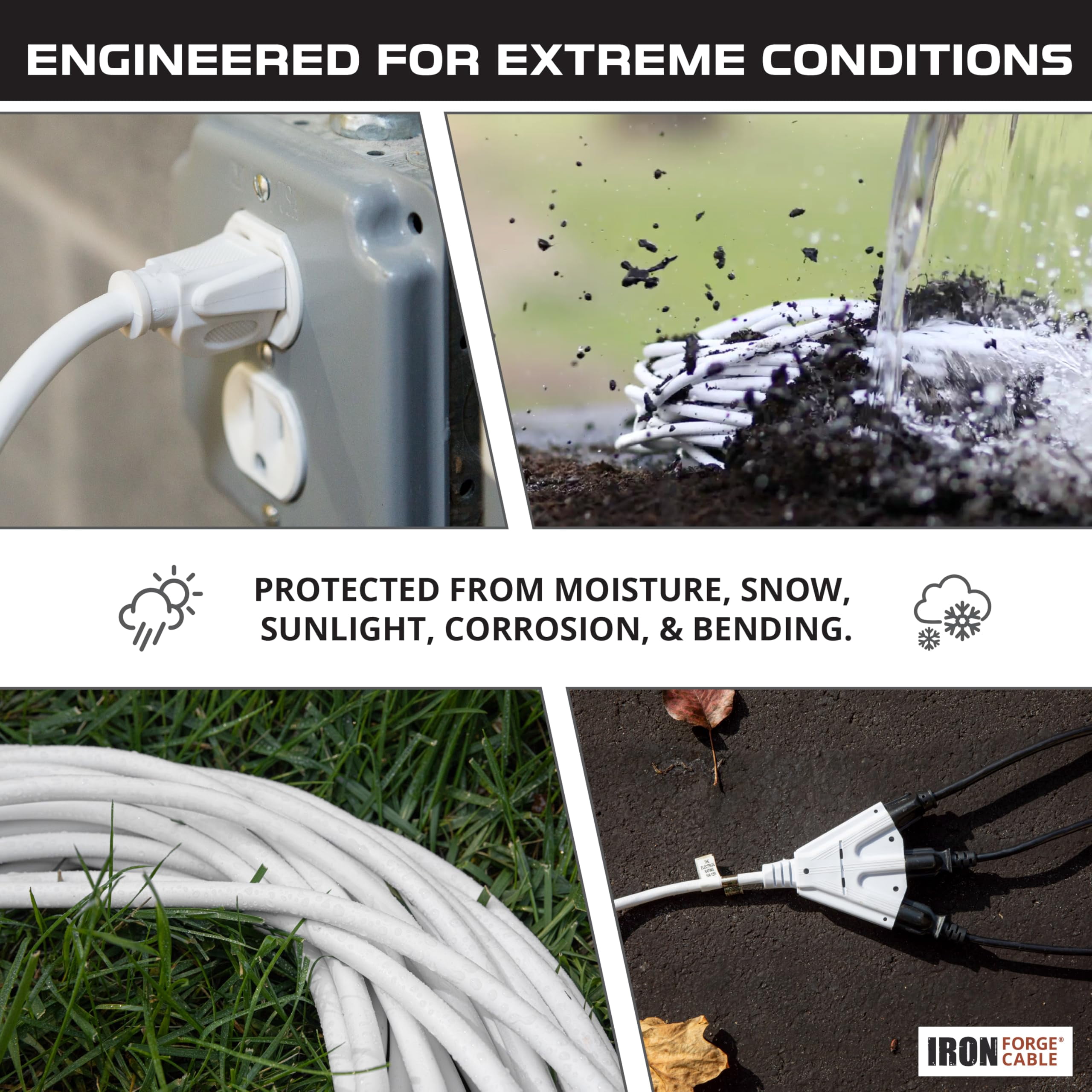 Iron Forge Cable 10ft White Outdoor Extension Cord with 3 Outlets - 16/3 SJTW 10ft Extension Cord 3 Prong, 13 Amp All-Weather Heavy Duty Power Cable