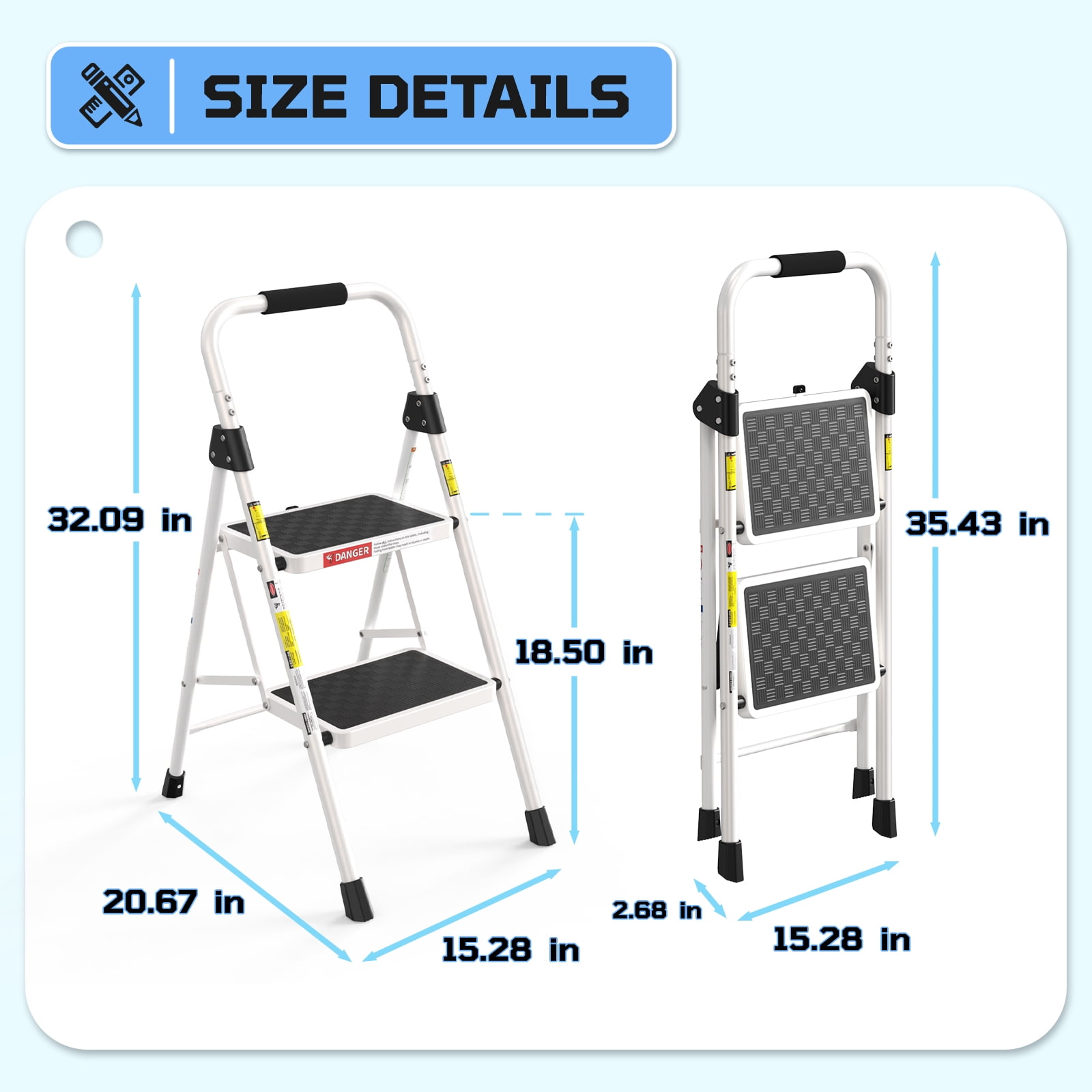 ASoopher Folding 2 Step Ladder, Heavy Sturdy Steel Portable 2 Step Stool with Handrail, Safe-Lock Design, For Kitchen, Garage & Outdoor Use, White