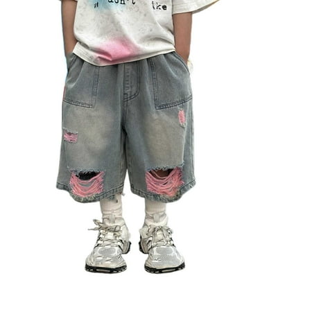 Bainana Summer Denim Shorts For Toddler Boys Fashion Print Elastic Waist Straight Leg Shorty Handsome Leisure Little Boys School Holiday Street Wear Blue Size 9-10 Years