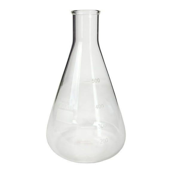 Flask - Erlenmeyer Flask, Conical Shape, Standard Neck, 500ml capacity. Made from Borosilicate Glass, that is resistant to thermal shock and a good fit for any laboratory, science classroom, or