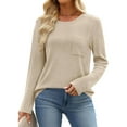 thumbnail image 5 of Lenpel Long Sleeve Shirts for Women Crew Neck Curved Hem Textured Knit Tunic Tops Casual Loose Tee Blouses with Pocket(Beige,X-Large), 5 of 7