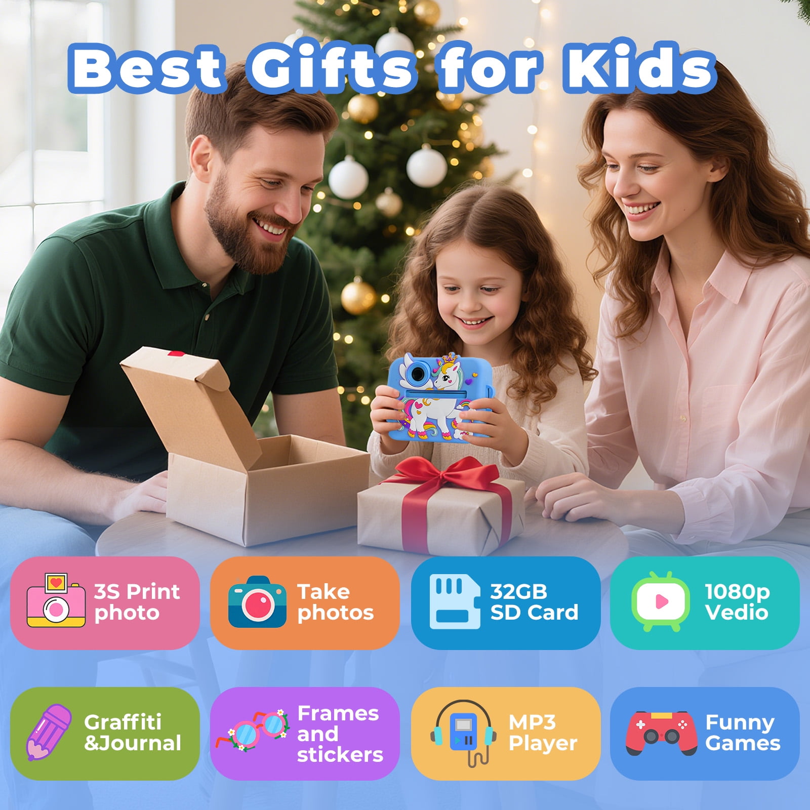 PayUSD Kids Camera Instant Print, Birthday Christmas Gifts for Girls Boys Age 3-12 1080P Digital Video Camera Print Photos Portable Toddler Toys for 4 5 6 7 8 9 10 Year Old with 32GB SD Card-Blue