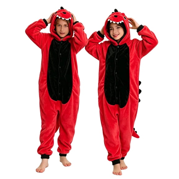 Ruyang Kids Plush Hooded Jumpsuit Dinosaur Button Down Long Sleeve Bodysuits with 3D Spiked Tail Boys Girls Animal Theme Party Outfit