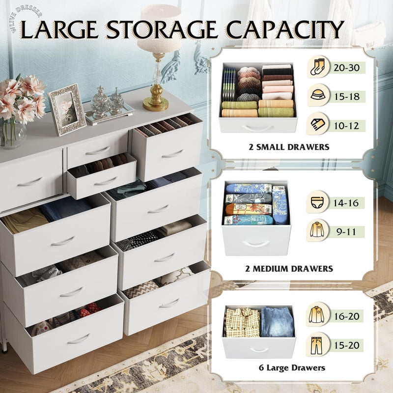 Kelno 10 Drawer Fabric Dresser Storage Organizer with Side Pockets Sturdy Metal Frame Wood Top, White
