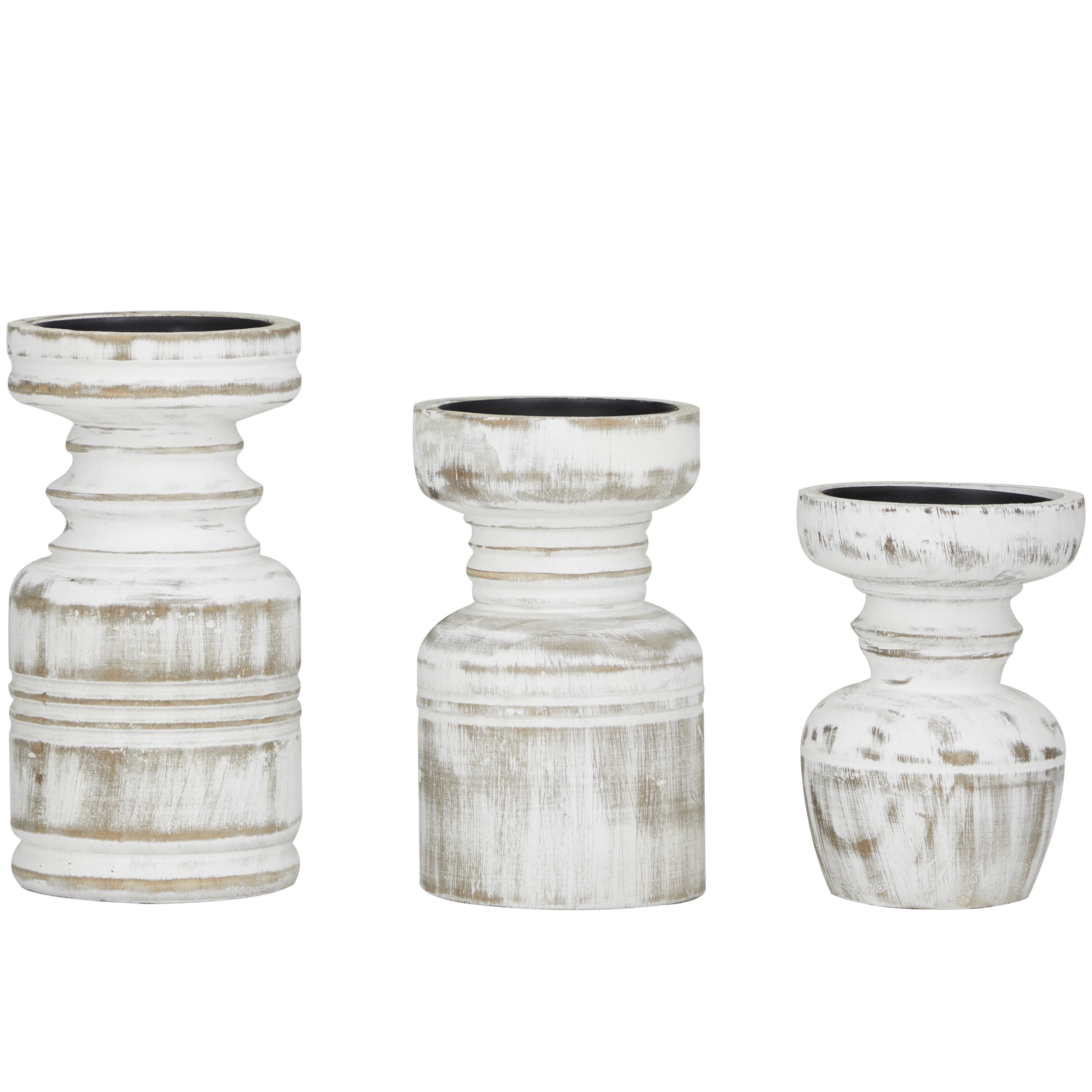 DecMode 3 Candle White Wood Distressed Pillar Candle Holder, Set of 3