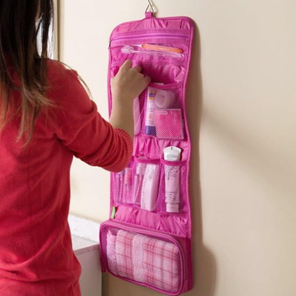 Foldable Hanging Toiletry Organizer Bag Portable Cosmetic Makeup Case Travel Storage Pouch with Hook for Bathroom Accessories and Vacation Travel