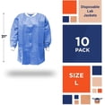 thumbnail image 2 of 10 Pack Blue Disposable SMS Lab Jackets 50 gsm Large 31" Long /w Snaps Front, Knit Cuffs & Collar, 3 Pockets, 2 of 7