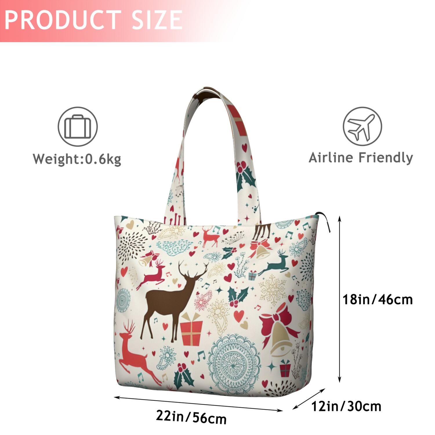 Multicolor Christmas Deer Pattern Travel Tote Bags for Women Carry On,Large Weekender Bags for Women Travel,Multi Functional Duffle Bag for Work,Shopping,Sports