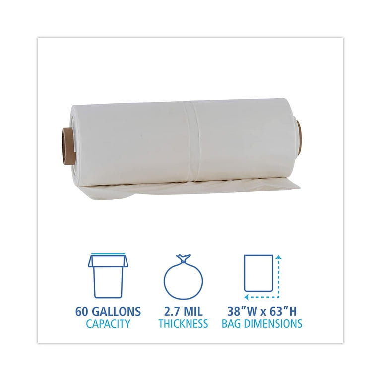 Industrial Drum Liners Rolls, 60 gal, 2.7 mil, 38 x 63, Clear, 1 Roll of 50 Bags