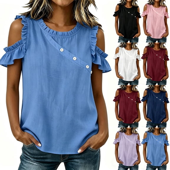 VBVC Women's Cotton Blend Cold Shoulder Blouse, Ladies' Crew Neck Ruffle Sleeve Top, Casual Button Detail Shirt For Women,Black,S-2XL