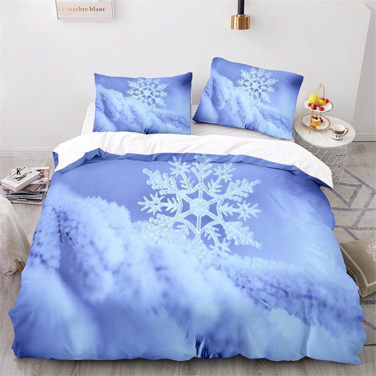 Snowflake Duvet Cover Winter Theme Geometric Pattern Microfiber Blue