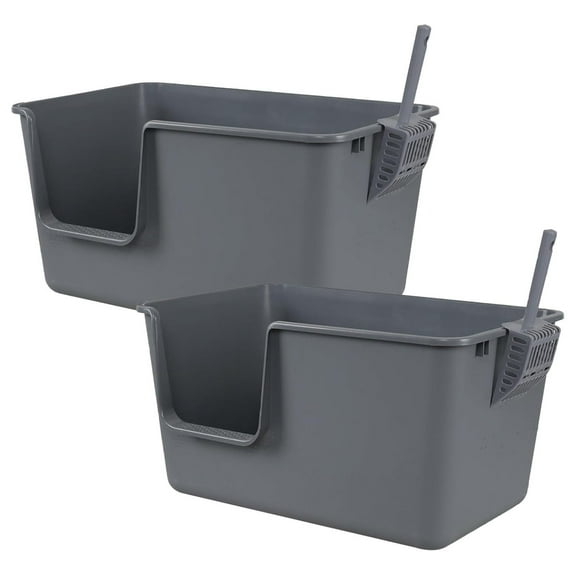 2-Pack Plastic Open Litter Box, High Sides Cat Litter Pan with , Grey