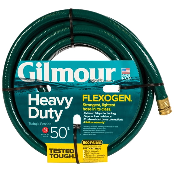 Gilmour Flexogen 50ft Heavy Duty Garden Hose, 3/4" All-Weather Water Hose with Crush-Resistant Brass Fittings, 500 PSI Burst Strength, Kink & Leak Resistant