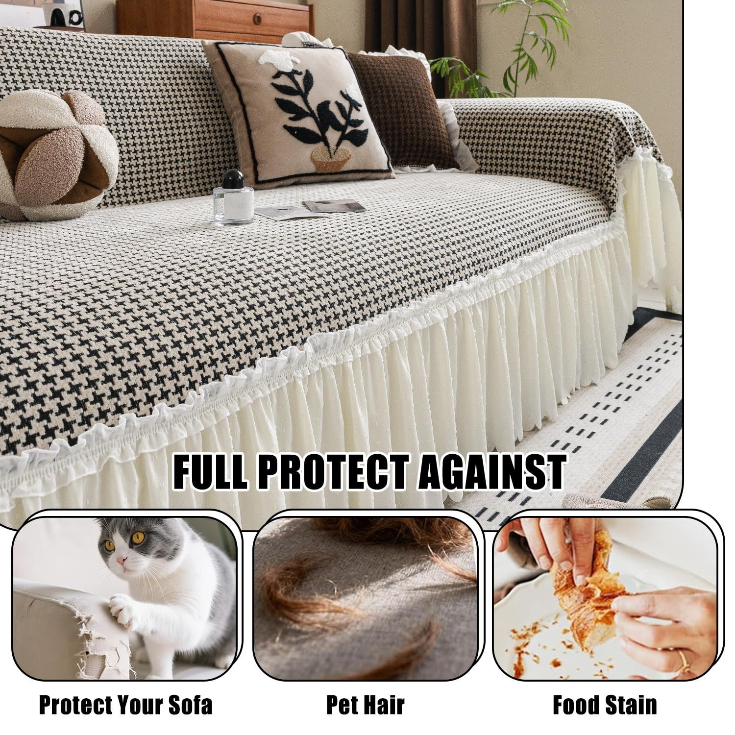 Soft Gingham Couch Cover, Fits 1–4 Cushion Couch. Couch Blankets with Skirt Edge, Machine Washable Furniture Protector