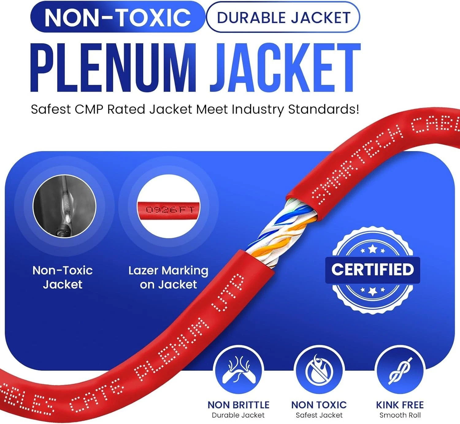 1000ft Cat6 Plenum Ethernet Cable – CMP Rated, 23AWG UTP, 550MHz, 10Gbps | High‑Speed Bulk Network Cable | Easy Pull Box, Red