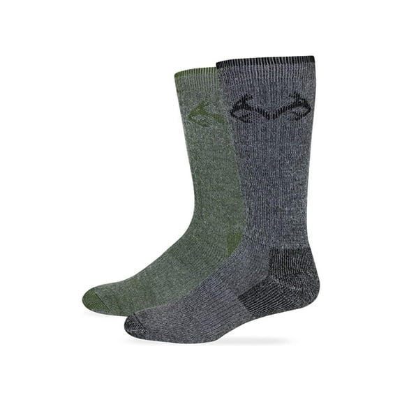 Realtree Merino Wool Blend Boot Socks 2 Pair, Black/Green, Women's 9-12 / Men's 9-13 Shoe