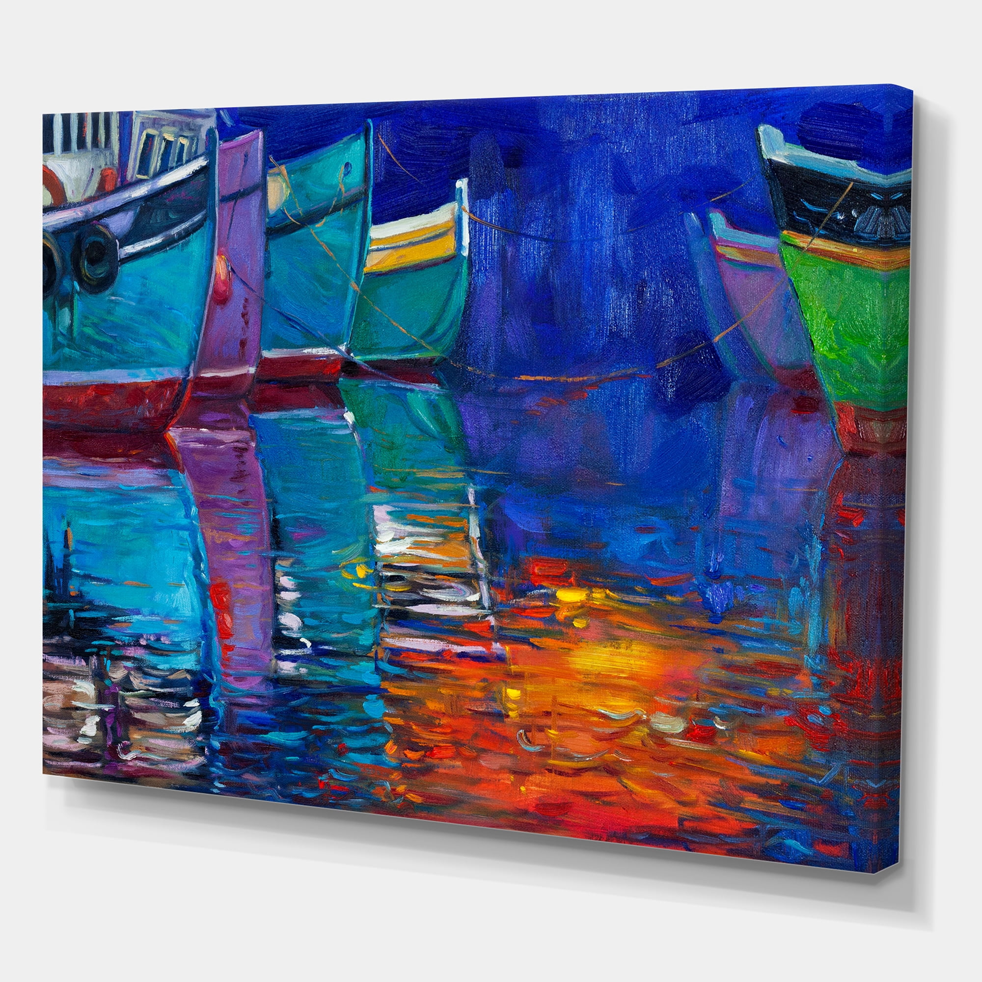 Designart ' Boats During Warm Sunset Resting On The Water I ' Nautical & Coastal Canvas Wall Art Print