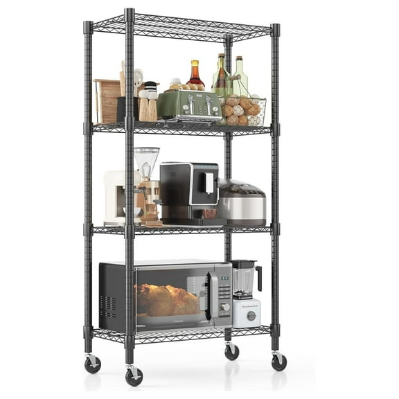 Heavy Duty Storage Shelves, 4 Tier Wire Shelving Unit with Wheels, Adjustable Metal Shelves for Storage, Garage Rack Pantry Shelves Kitchen Shelving, 14"x30"x72", Black