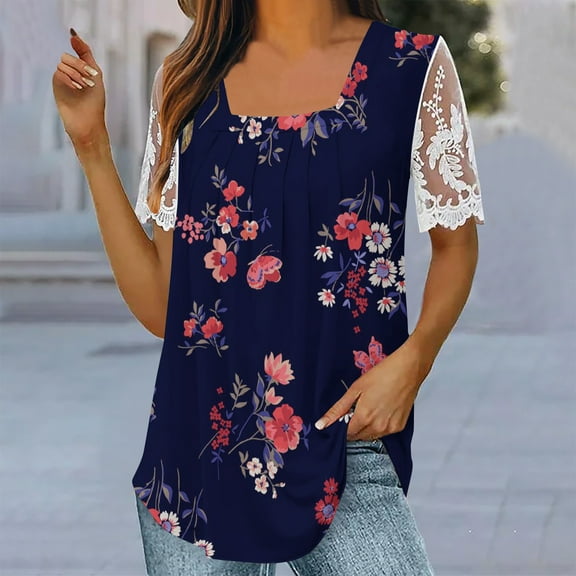 Wycnly Womens Tops Dressy Casual Going out Elegant Lace Patchwork Loose Pleated Swing Tunic Tees Shirts Summer Short Sleeve Round Neck Tops Feather Print Blouse Dark Blue m