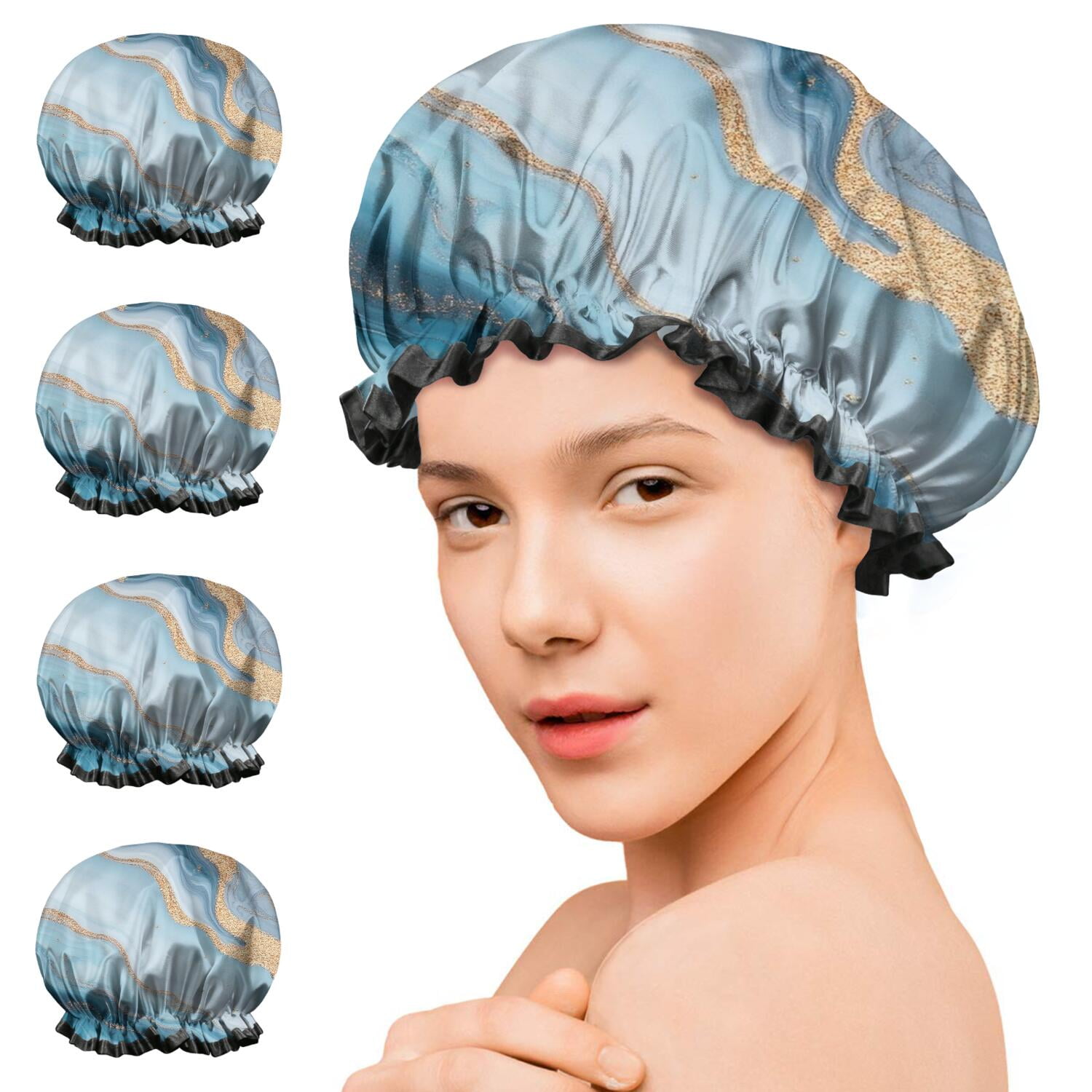Shower Caps,Blue Marble Gold Wave Pattern Waterproof Shower Cap for Women 4 Pieces,Double Reusable Hair Cover for Shower PEVA Elastic Stretch Hem