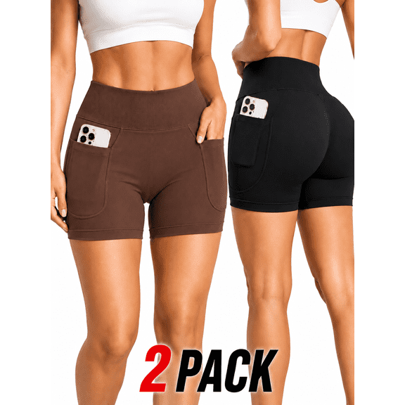Women's 2 Pack Biker Shorts with 2 Pockets, High Waisted Butt Lift Yoga Workout RunningGym Shorts,Black,Brown