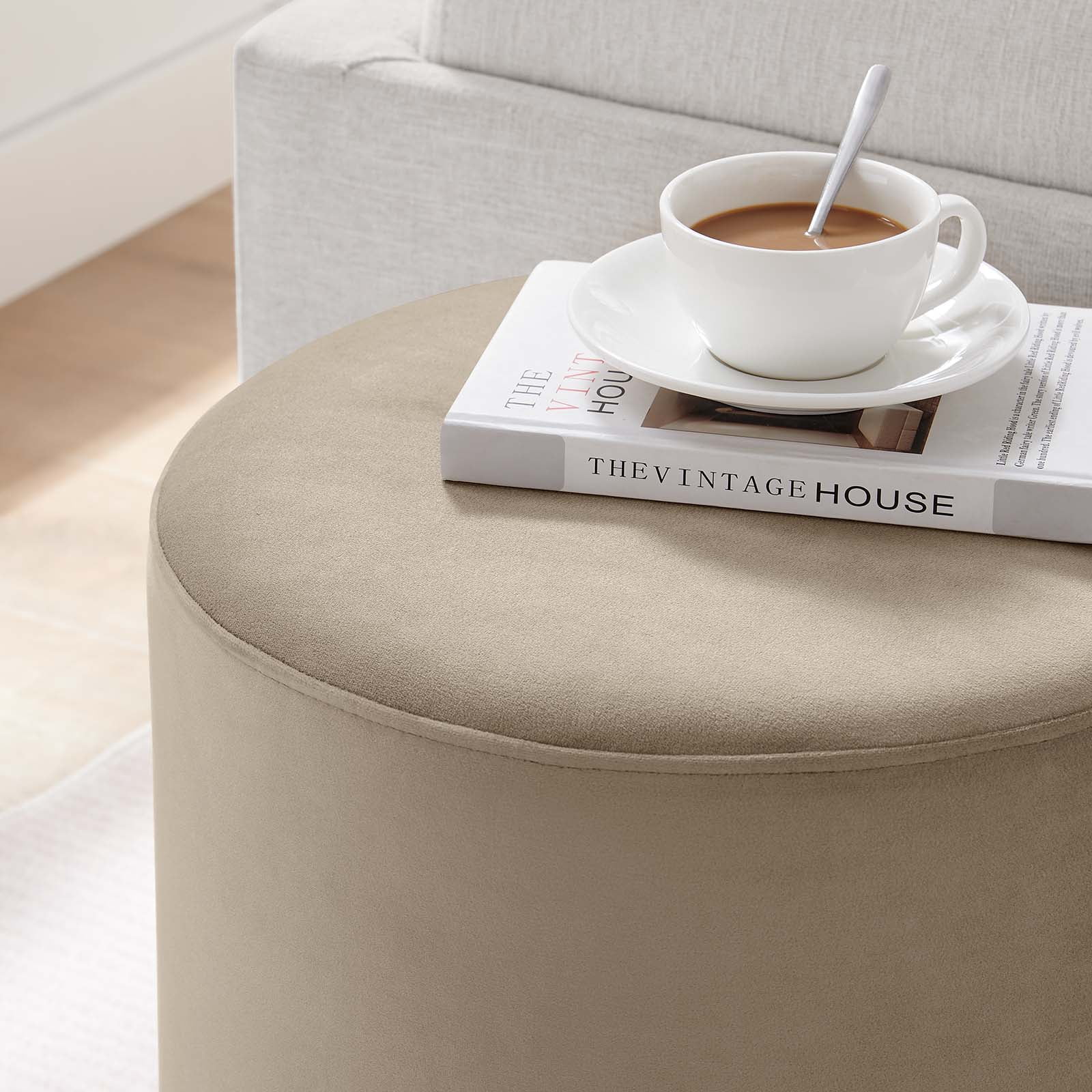 Modway Tilden 16" Round Performance Velvet Upholstered Ottoman in Taupe Natural