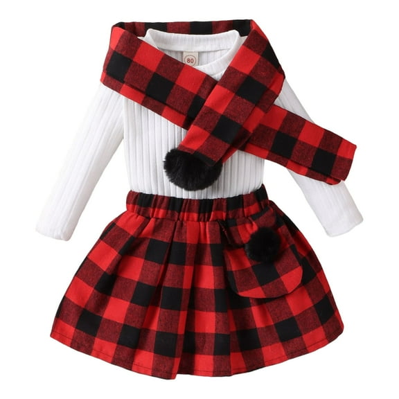 sususu Toddler Girls Ribbed Knit Top with Plaid Skirt and Scarf Three Piece Outfits Set Long Sleeve Solid Color Casual Wear ,Red,2-3 Years