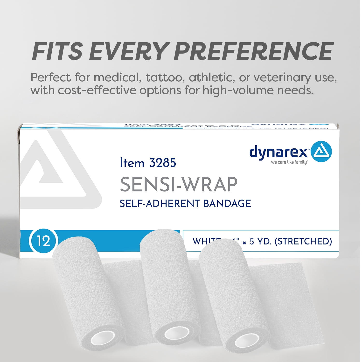 Dynarex Sensi-Wrap Self-Adhesive Bandages, 12-Pack, 6" x 5 yards, White, Latex, Colored Elastic Cohesive Athletic Tape, Tattoo Grip & Vet Wrap
