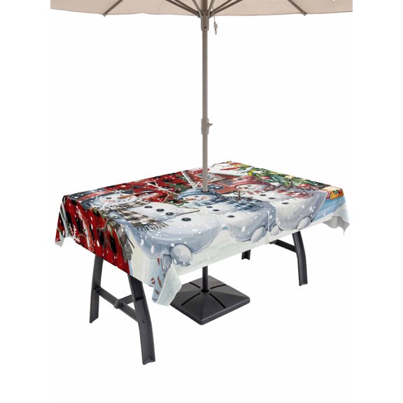 Outdoor Tablecloth with Umbrella Hole and Zipper, Red Black Christmas Rectangle Table Cloth 60x120 Inch Waterproof Tablecloth, Xmas Winter Snowman Snowflakes Trees Picnic Table Cover for Patio