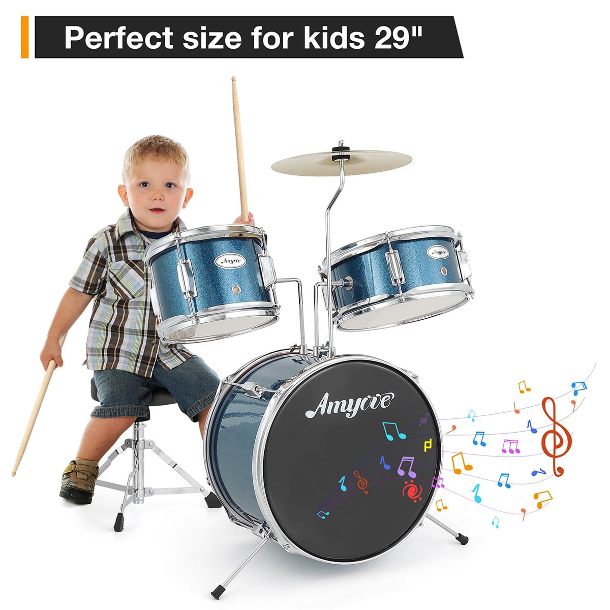 Danolapsi 3 Piece Kids Drum Set with Cymbal, 2 Drumsticks, Pedal, 2 Tom,Beginner Junior Drum Kit with Throne Stool, Musical Instruments for Boys and Girls