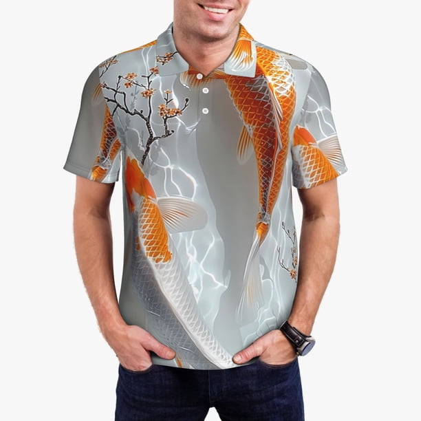 Balery Koi Fish Water Camisa Polo de Hombre con Estampado, de Manga Corta y Tejido Medio, Camisa Tipo Golf Polo-Large