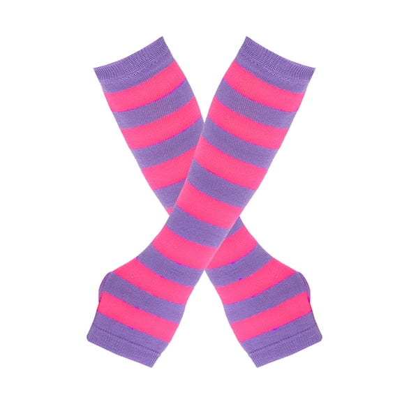 Zhuge Women's Winter Knitted Striped Arm Warmers, Long Fingerless Gloves for Punk Rock, Goth & Christmas Party, Purple Pink