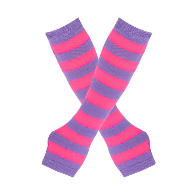 Zhuge Guantes largos sin dedos a rayas para mujer, calentadores de brazos tejidos de invierno para punk rock, cosplay, gótico y fiestas navideñas, color morado y rosa