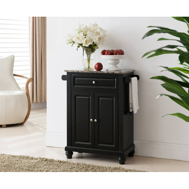 Ian Kitchen Island Storage Cabinet, Black & Marble Wood ...