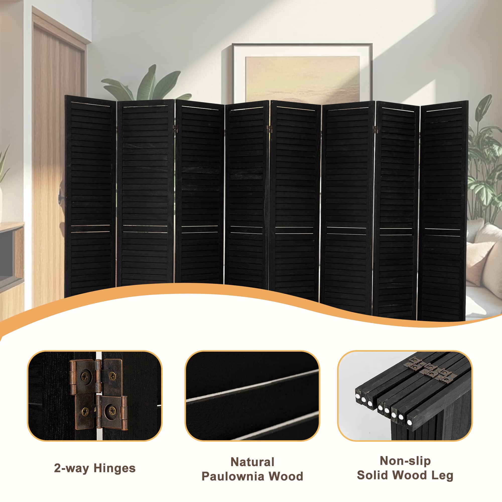 MAYEERTY 8 Panel Wood Room Divider, 5.6Ft Freestanding Louvered Divider Screen, Black