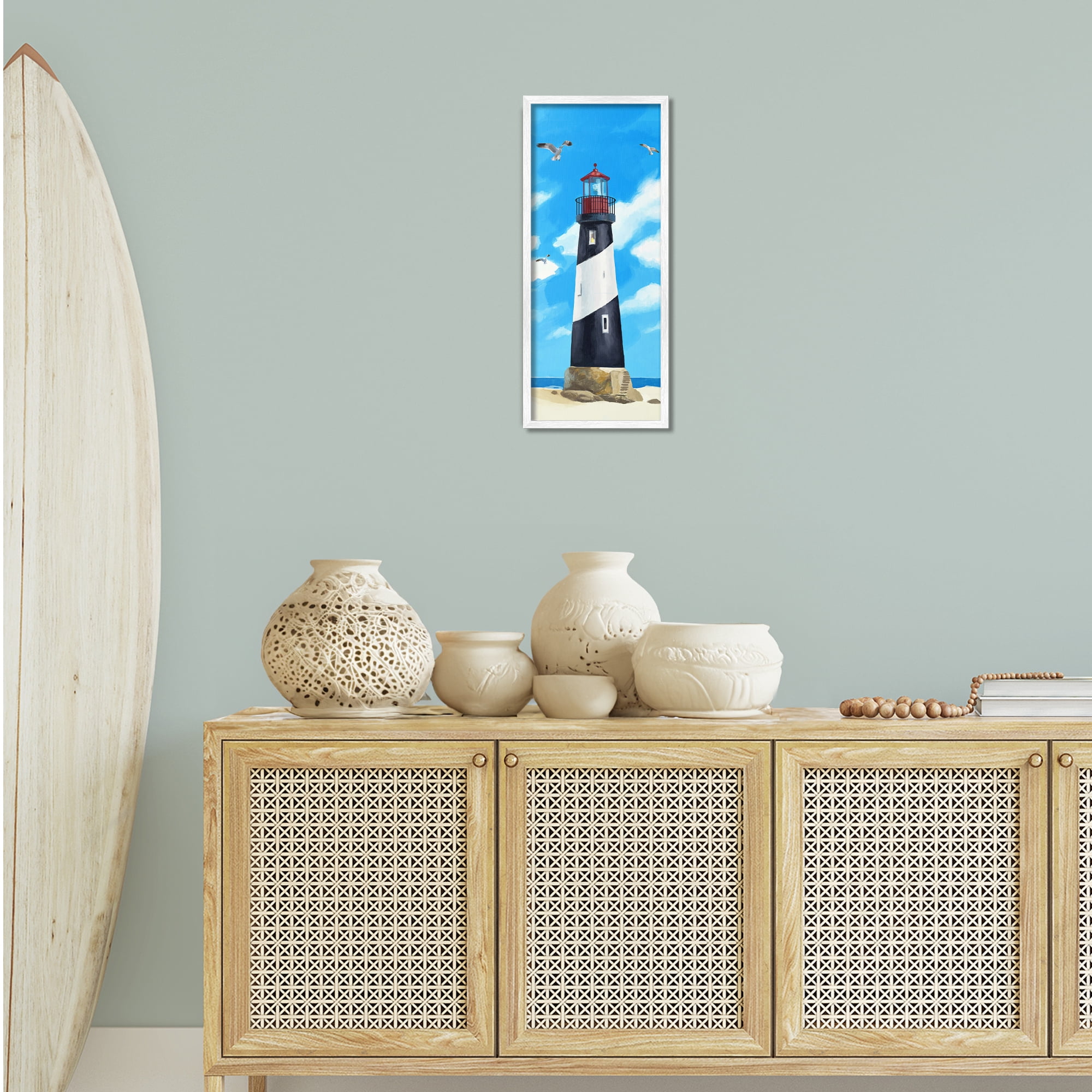 Stupell Industries Lighthouse on Beach Coastal Painting White Framed Art Print Wall Art, 10 x 24