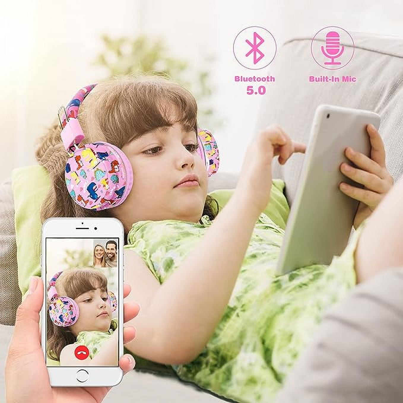 Cute Kids Headphones Wireless, Dinosaur Headphones Gifts for Girls, Childrens Bluetooth Headphones with Microphone, Toddler Headphone Over Ear for Age 2 up, Compatible with Fire Tablet (pink-dino)