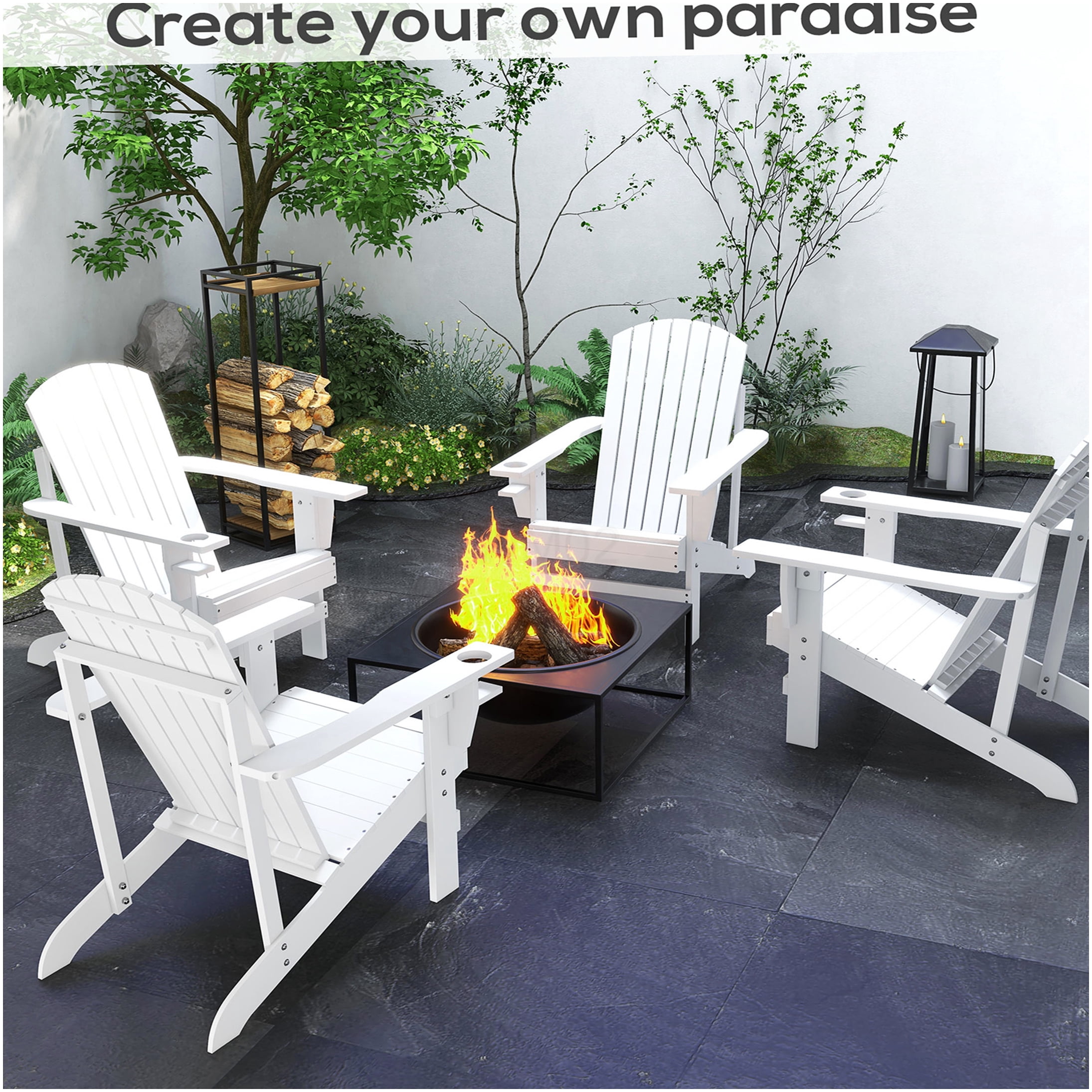 COSMOS White Wooden Adirondack Chair with Cup Holder, Weather-Resistant Outdoor Patio Lounge Chair for Garden, Deck, Backyard, Fire Pit