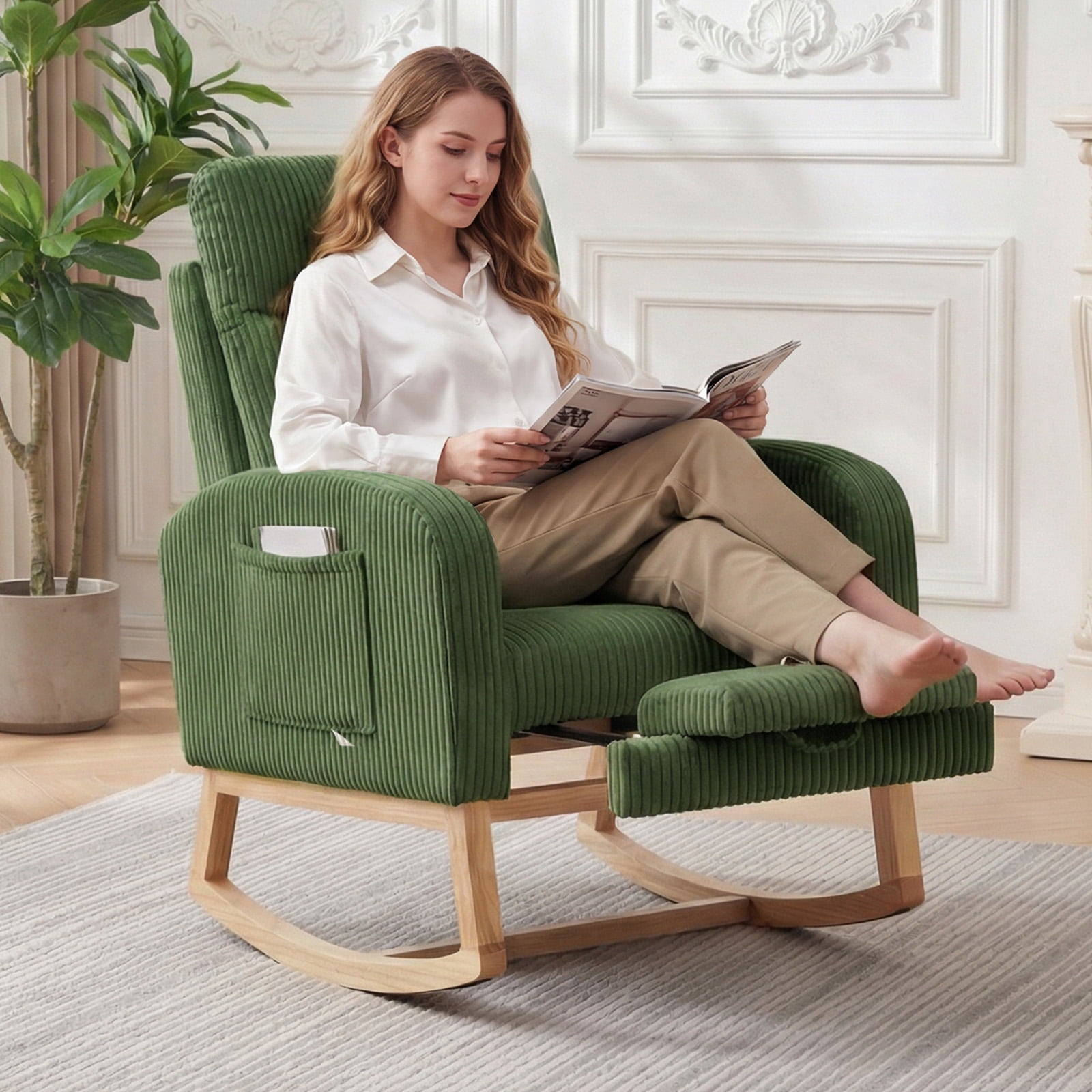 Mteryoing Nursery Glider Rocking Chair with Adjustable Footrest and Side Pocket, Corduroy Upholstered Nursing Rocker with Natural Wood Legs for Nursery, Green