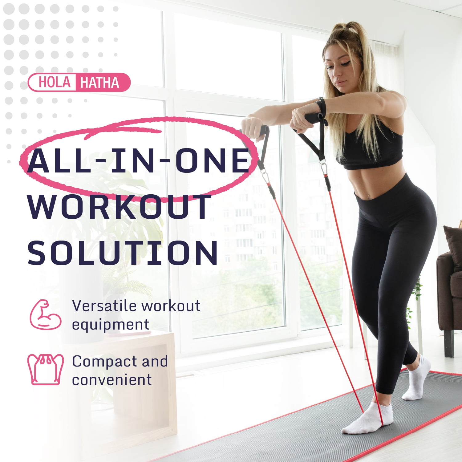 HolaHatha Resistance Band 110lb Maximum Workout Set w/ 5 Bands & 2 Handles
