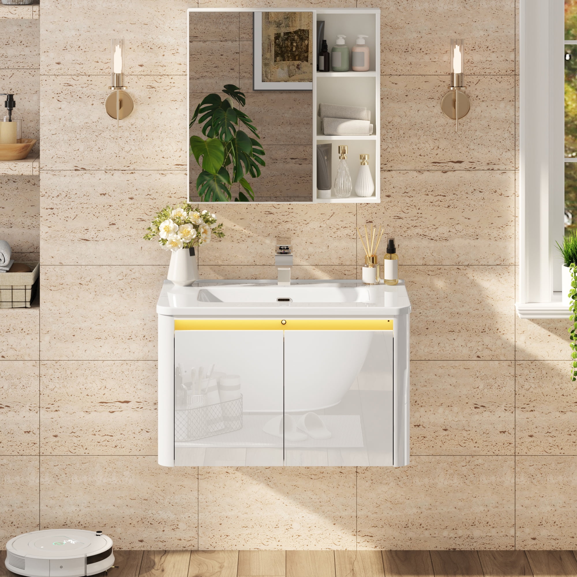 ANPOO 30 Inch Bathroom Vanity with Sink and Mirror Medicine Cabinet,Modern Floating Bathroom Storage Cabinet with 2 Soft Closing Door